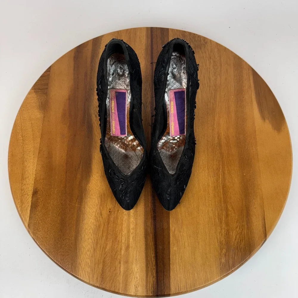 Womens Susan Bennis Warren Edwards Black Lace Beaded Heels‎ Pumps Size 6 M GUC